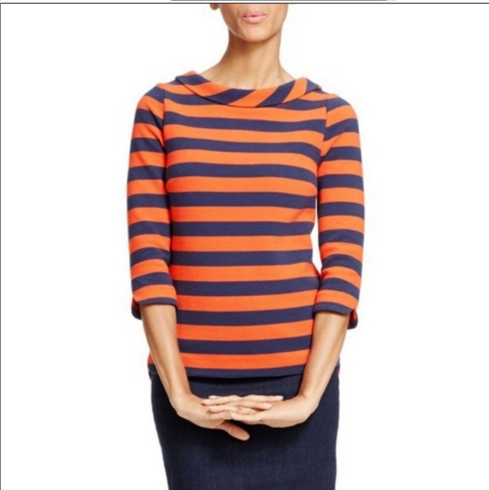 Boden Womens Marion Striped Top Navy Orange 3/4 Sleeve Boatneck Blouse Size 2